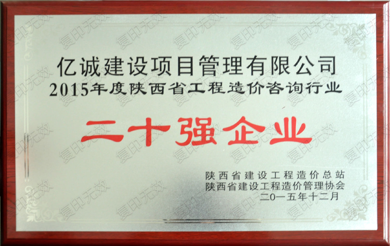 2015年度陜西省工程造價(jià)咨詢行業(yè)二十強(qiáng)企業(yè)